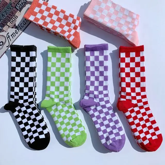 Korea Harajuku Fashion Check Socks Street Fashion Sports Print Skateboard  Geometric Checkerboard Hip Hop Socks
