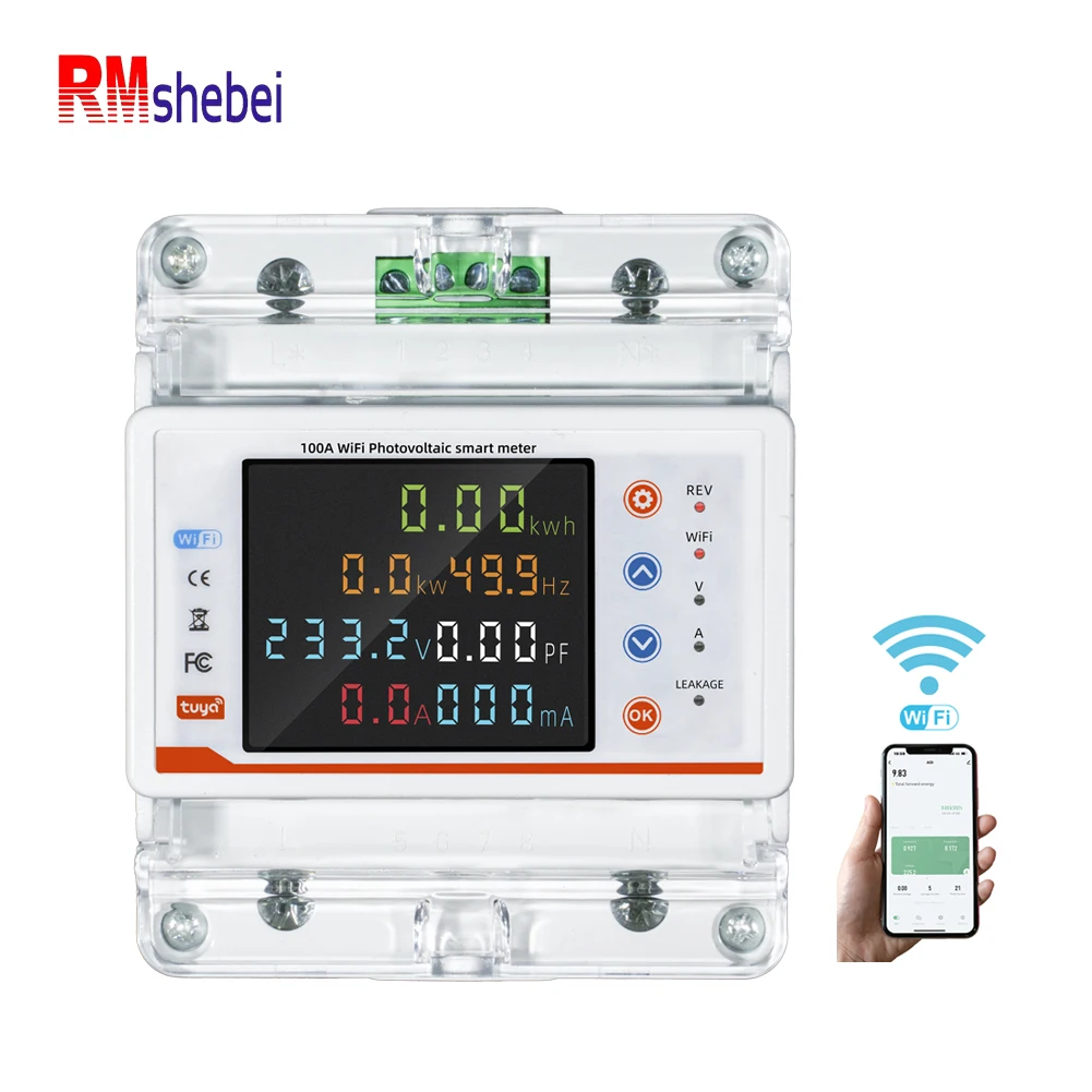 RMshebei Kwh Metering Monitoring Circuit Breaker 4P 100A Smart Switch MCB Bidirectional Earth Leakage DIN Rail Smart Home