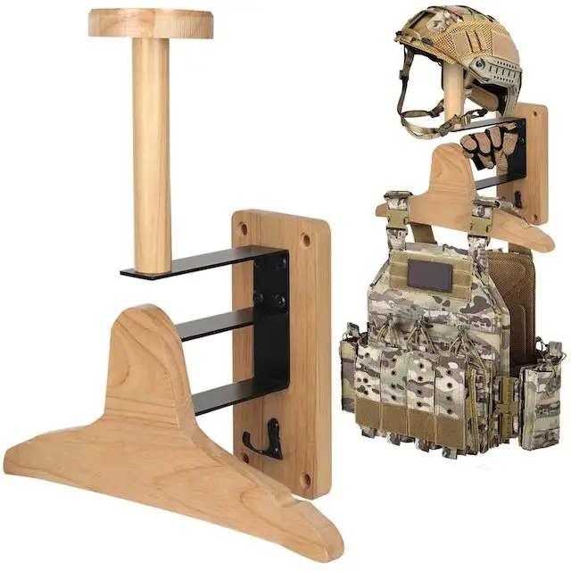Wood Gear Holder with Helmet Stand and Plate Carrier Hanger for Police Football Wall Mount Motorcycle Helmet Holder