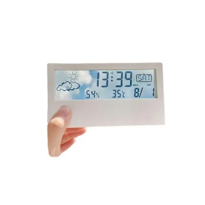Multi functional LCD digital alarm clock with thermometer and hygrometer transparent screen with logo as gift