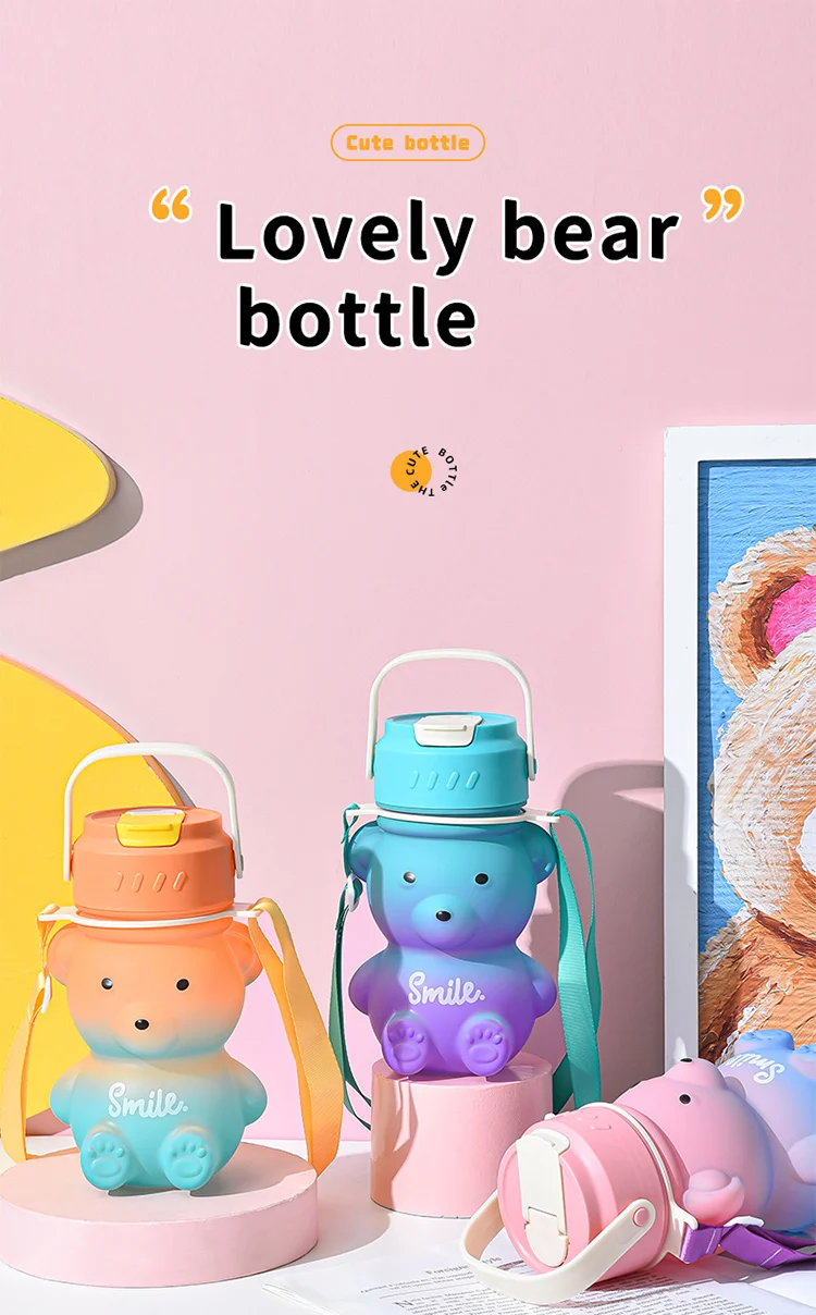 Large Capacity 350ml-1100ml Portable Water Bottle Summer Gradient Bear Design Cute Plastic Cup Girls Kids Made Silicone PP Food