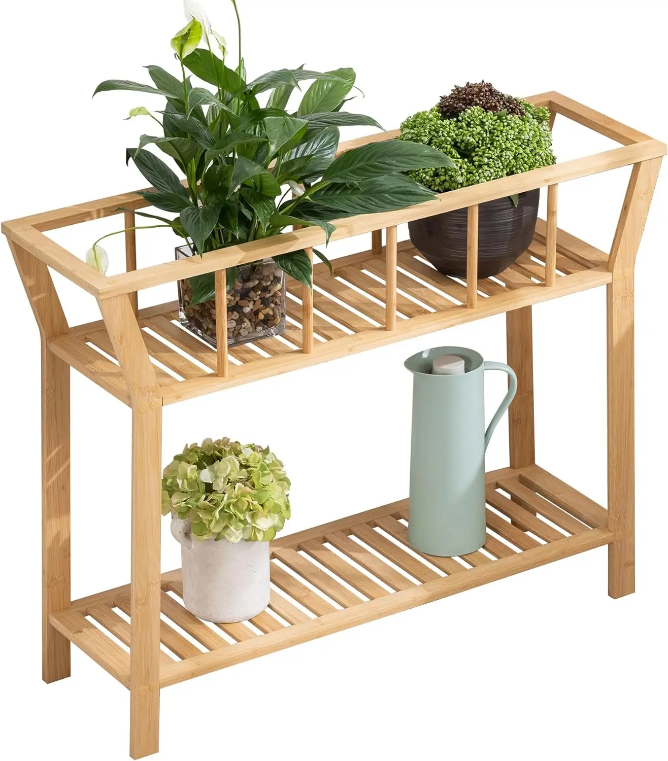 Bamboo Shelf Table 2 Tiers Tall Window-sill Plant Pot Organizer Holder Sofa Side Table for Indoor Living Room