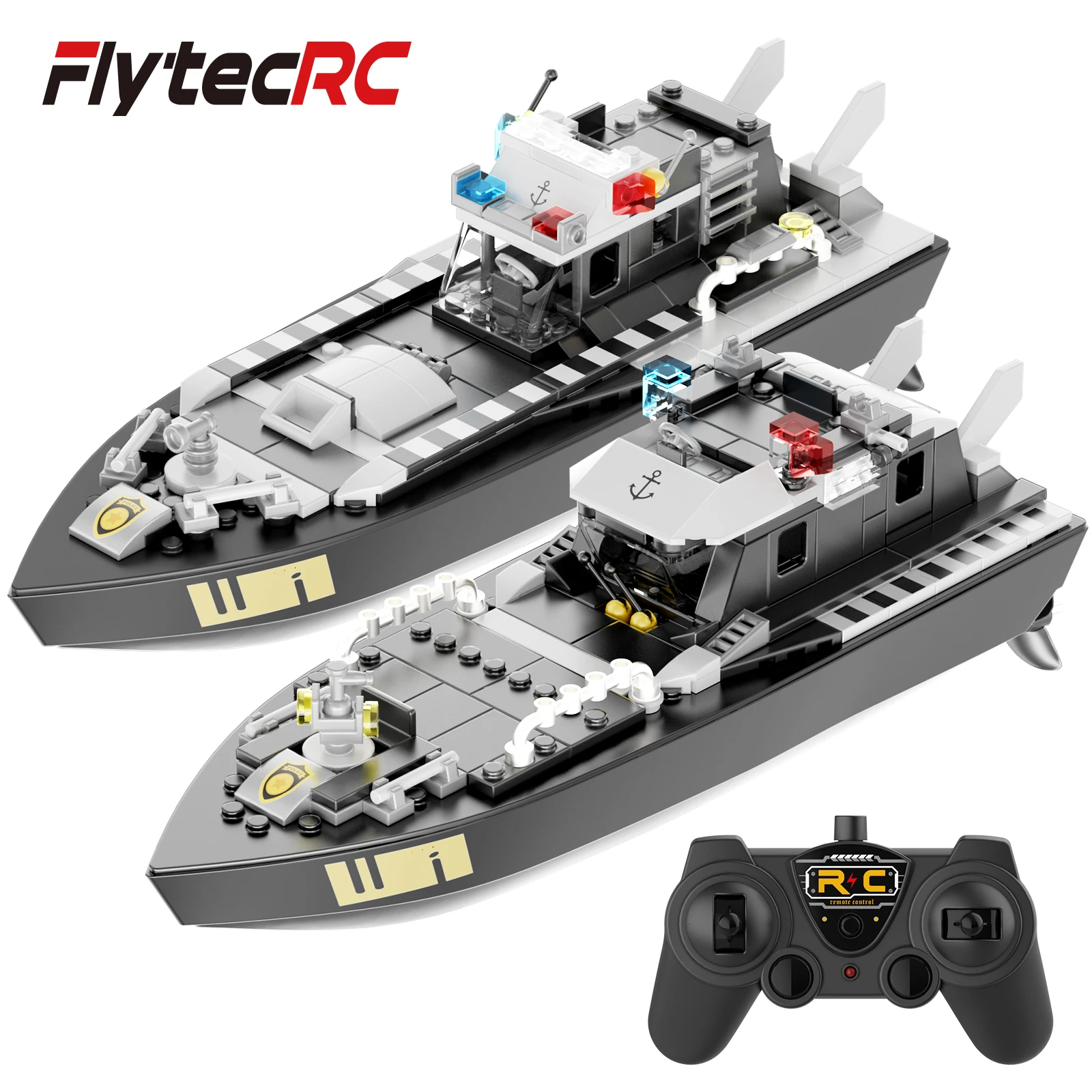 V103 2 in 1 STEM City Police Patrol Boat Building Blocks with Remote Control, 60Mins Playing RC Boat Toy