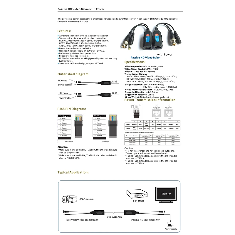 8MP CCTV пассивный коаксиальный UTP-кабель для камеры видеонаблюдения Balun Transceiver