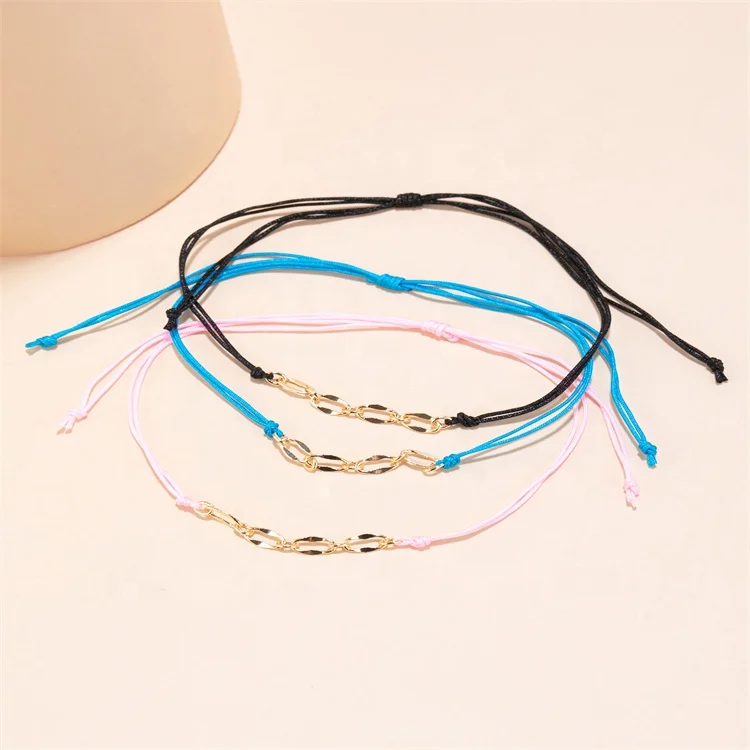 Custom Colorful Design Adjustable Gold Plated Waxed Thread Bracelets 3 Pieces/Set For Lady Girl