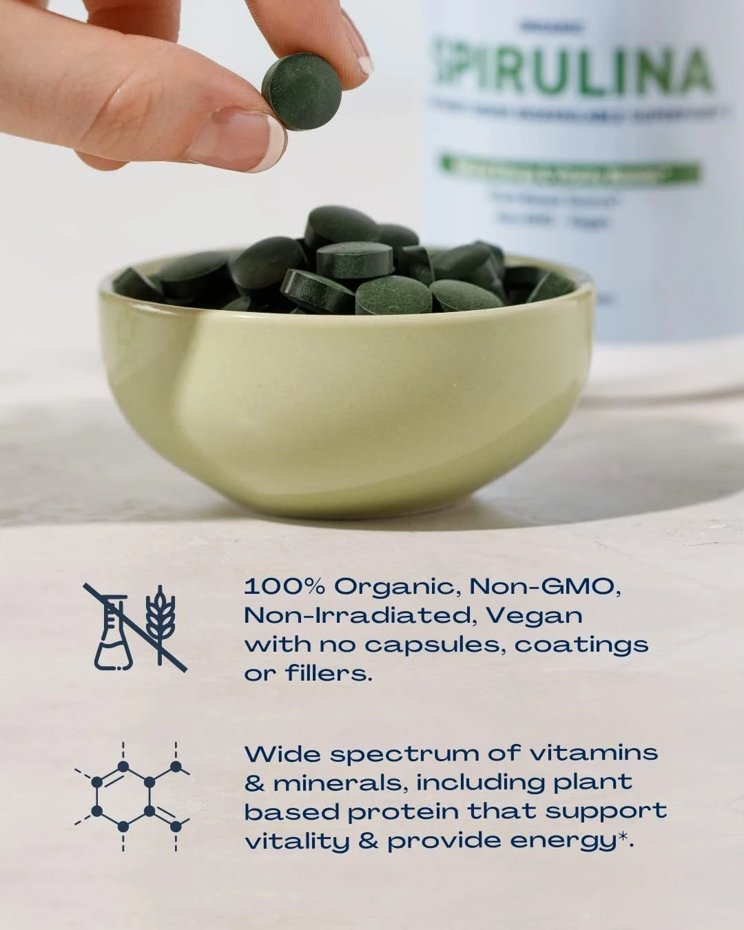 Organic Spirulina Tablets  No Additives or Fillers 500mg Premium Quality Dietary Supplement with Vitamins Minerals Antioxidants