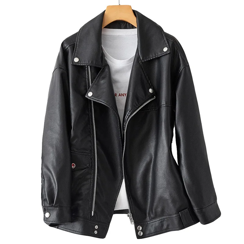 
Cross-border Aliexpress factory supplies new loose lapel jacket biker pie over short leather jackets for women 