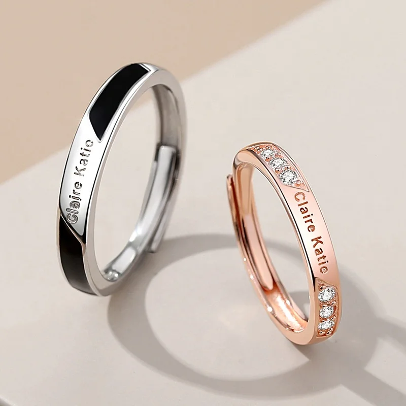 Fashion Couple Adjustable Jewelry 925 Sterling Silver Rose Gold CZ Women Ring White Gold Men Ring