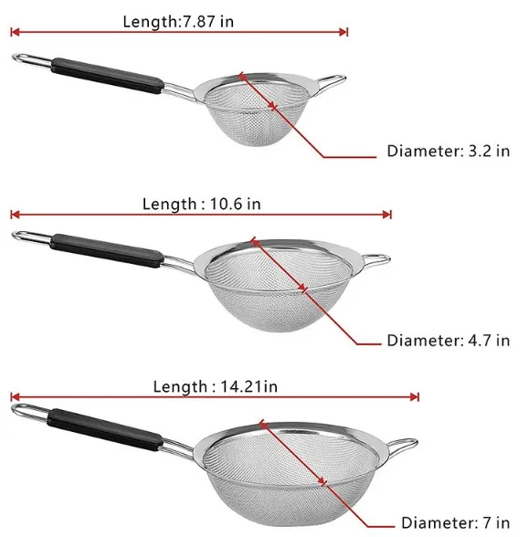 Hot Sale Stainless Steel Fine Mesh Strainers Set for Kitchen Colander Sieve Sifters with Long Handle For Tea Coffee Powder Fry J