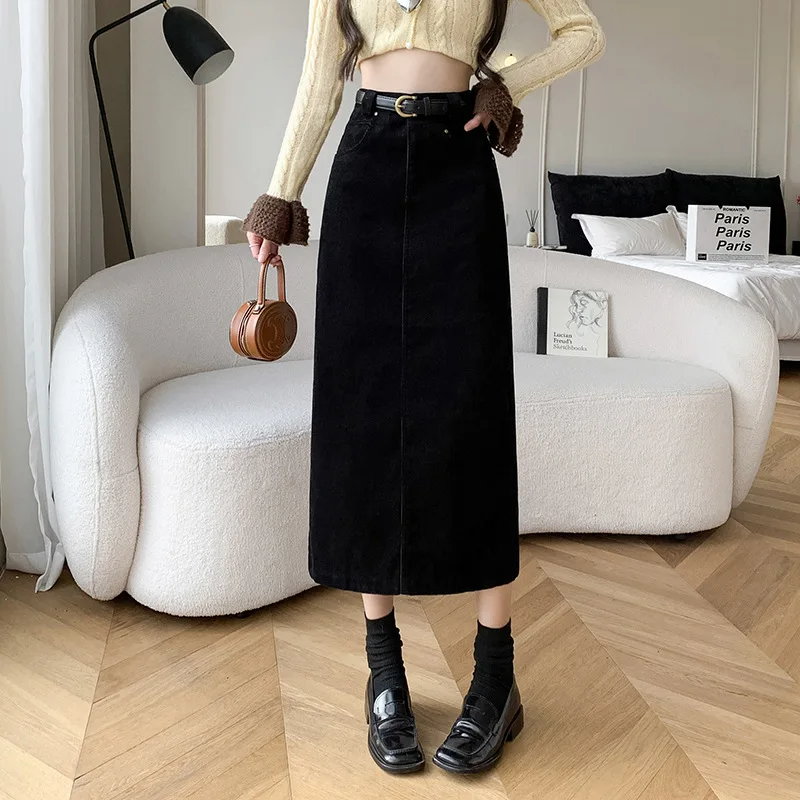 High Waisted Corduroy Skirt for Women Mid-Length with Slim Temperament Retro Hepburn Style for Autumn and Winter