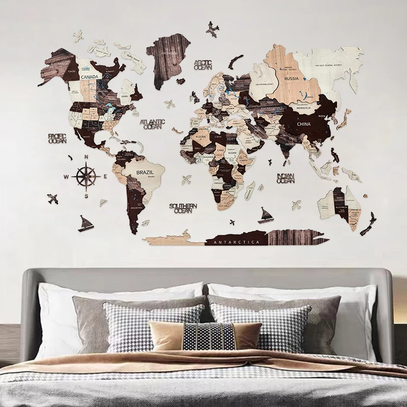 Ready to Ship 3D child tourism map  puzzle national flag pushpin antique wooden world wall decoration art map