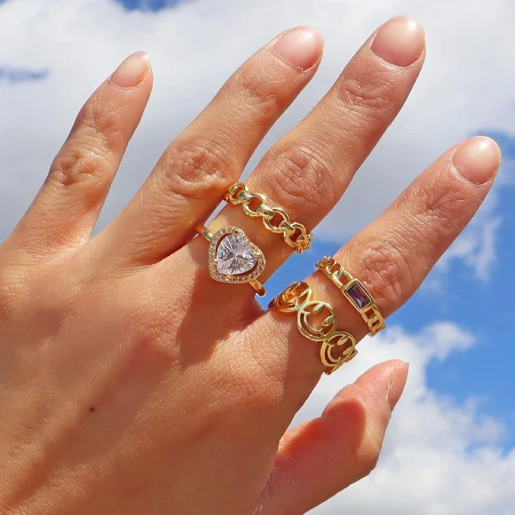 Fashion Violet Link Chain Ring 18K Gold Plated Finger Band Cubic Zirconia Stainless Steel Jewelry Women