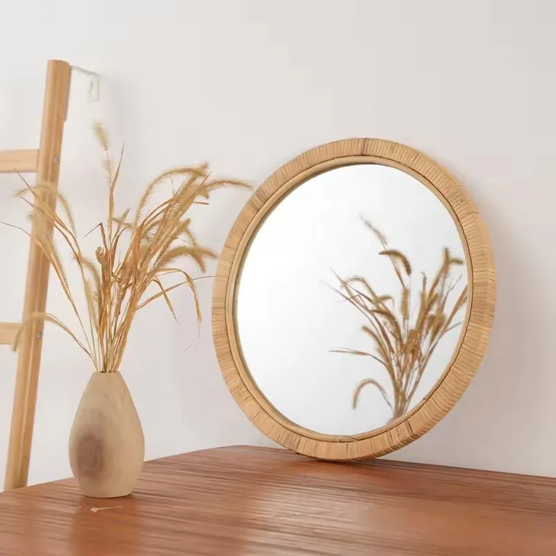 Modern Style Home Decoration Wall Mounted Rattan Mirror Photo Frame Round Wooden Wall Mirror Suitable for Living Room Decoration