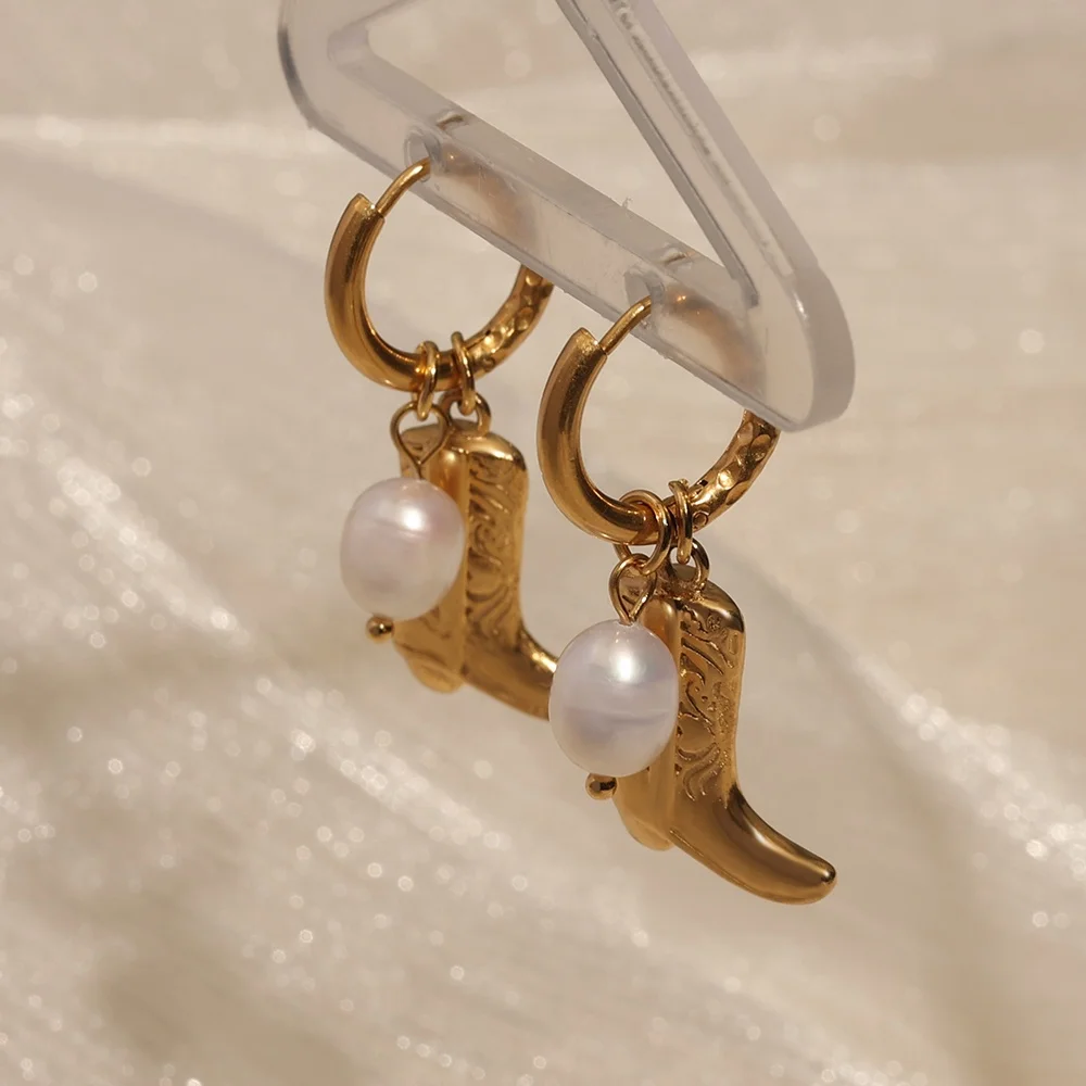 Wholesale Hypoallergenic Huggie Hoop Pearl Earrings Bulk 18K Gold Plated Jewelry Vintage Western Cowgirl Cowboy Boot Earrings