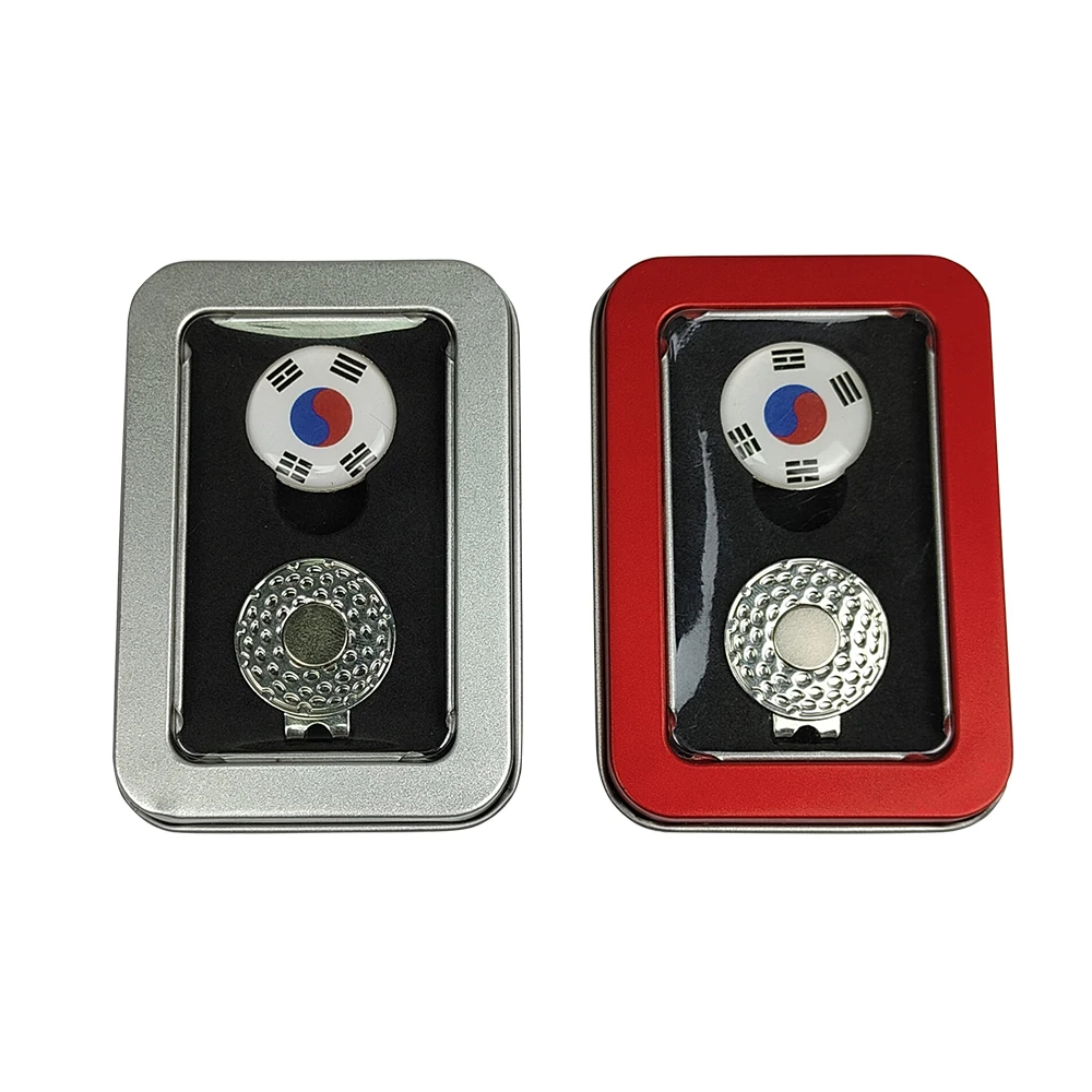 Korea Hot Selling Tinplate Box Golf Gift Flag Hat Clip Marker South Korea Flag Golf Hat Clip Flag Pattern Marker Gift Box