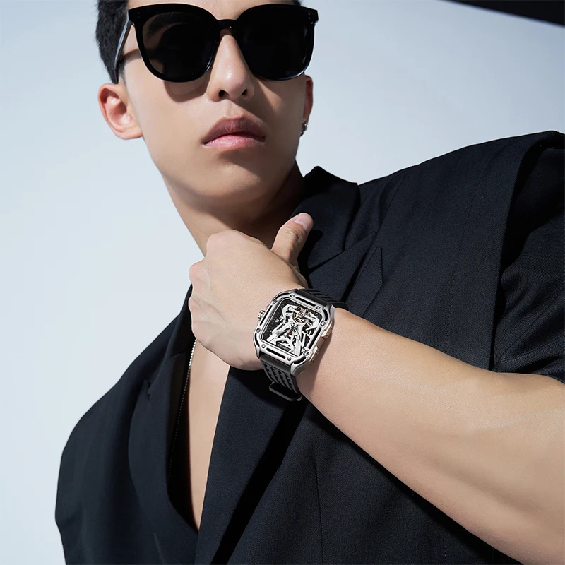 Fairwhale Hallow Out Square Case Men Watch Skeleton Hip Hop Mechanical Stainless Steel Watches