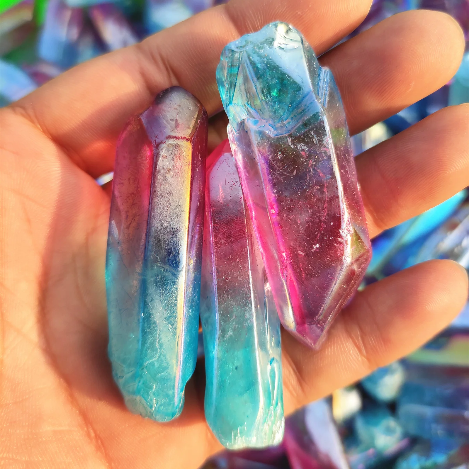 Wholesale Aura Titanium Coated Crystal Bar Points Electroplate Quartz Polished Sticks Wands for decoration
