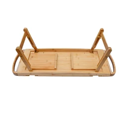 Natural Bamboo Wood Waterproof Bath Tub Caddy and Bed Tray with Folding Slide-Out Arms Device Grooves