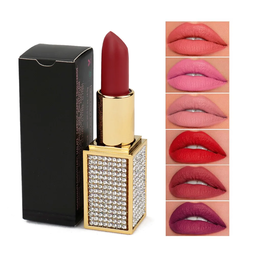 Wholesale Long Lasting Matte Lipstick Private Label Rhinestone Tube Red Lipstick Custom Brand Luxury High Pigment Lipstick
