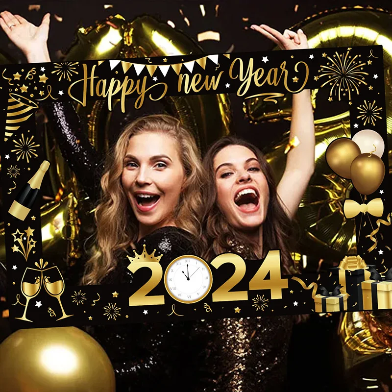 2024 Happy New Year Theme Black Gold Paper Photo Booth Props Party Decoration Set