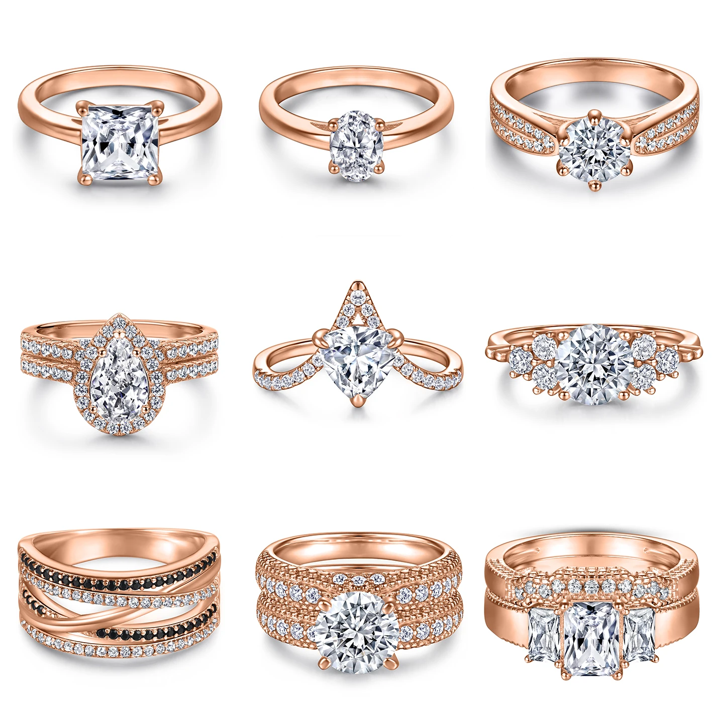 Luxury Diamond Ring Sets Rose Gold 10/14/18K Gold Non Fading Jewelry Women Gold Wedding Rings