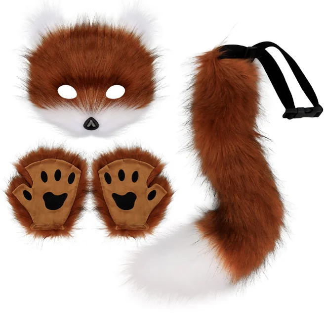 ecoparty  Fluffy Fur Fox Tail Keychain Cat Paws Gloves And Wolf Therian Mask Set For Halloween Cosplay Costume Accessories Sets