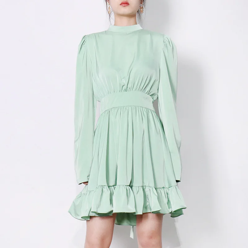 
Fashion Brand 2021 Summer New Style Solid Color Waist Satin Sexy Backless Lace-Up Bow-Knot A-line Dress 