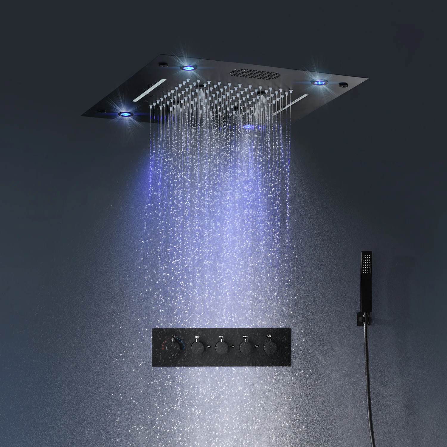 Bathroom rainfall shower set 400*400mm embed ceiling rain shower head set thermostatic LED Bluetooth Music bath & shower faucets
