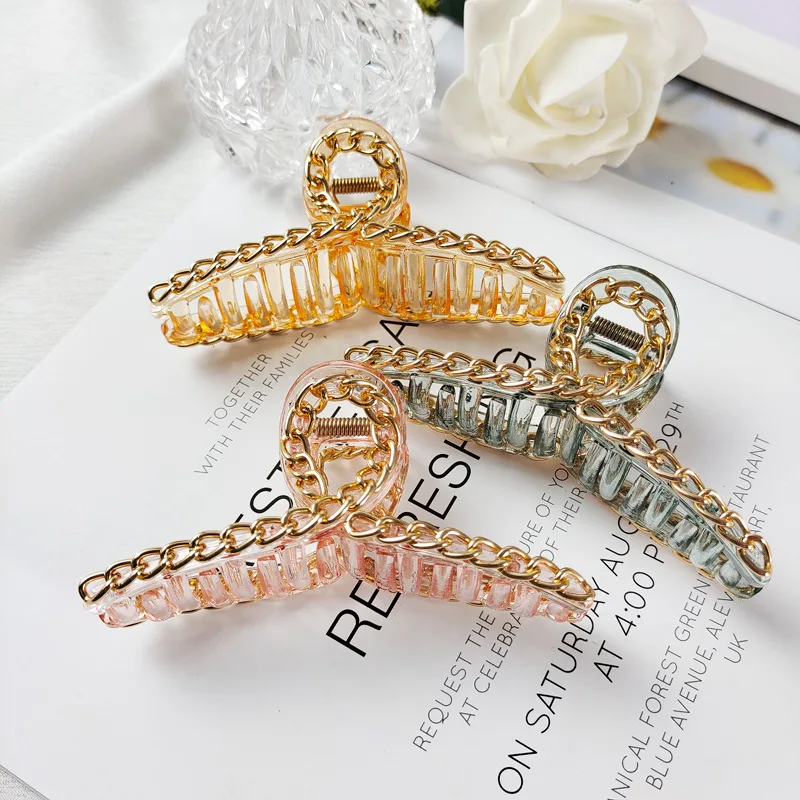 Fashon Girls Head Decoration Oversize Hair Clamps women plastic Claw hair jaw clip  with metal chain claw  hair clip