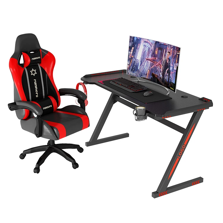 Factory Price Custom Led Light Black Game Computer Table Office Gaming Desk with Cup Holder