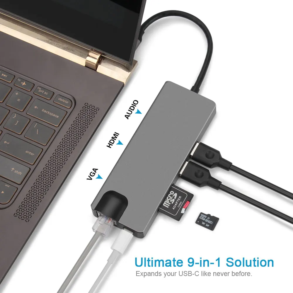 aluminum 9 in 1 usb c-hub multipoort adapter - for ipad pro 1 piece usb c to hd mi vga usb3.0 tf sd multiport adapter