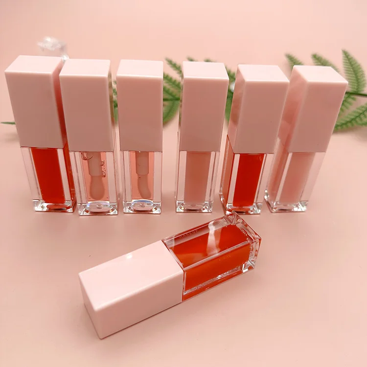 Pink Lip Gloss Tube Fruit Flavored Lip Oil Transparent Pink Long-Lasting Natural Moisturizing Lip Oil Smooth and Shiny White