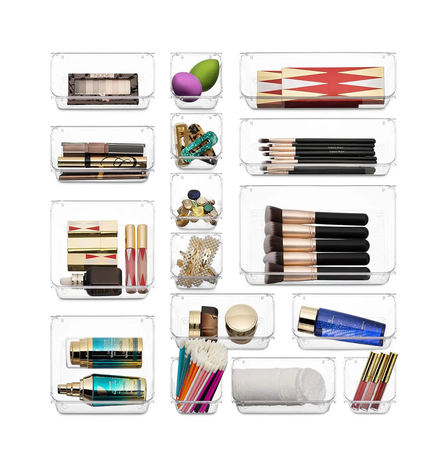 Hot Sale Divider Organizers Storage Bins Stackable Trays Acrylic Desk Drawer  25 Pieces Plastic Clear Storage Bins