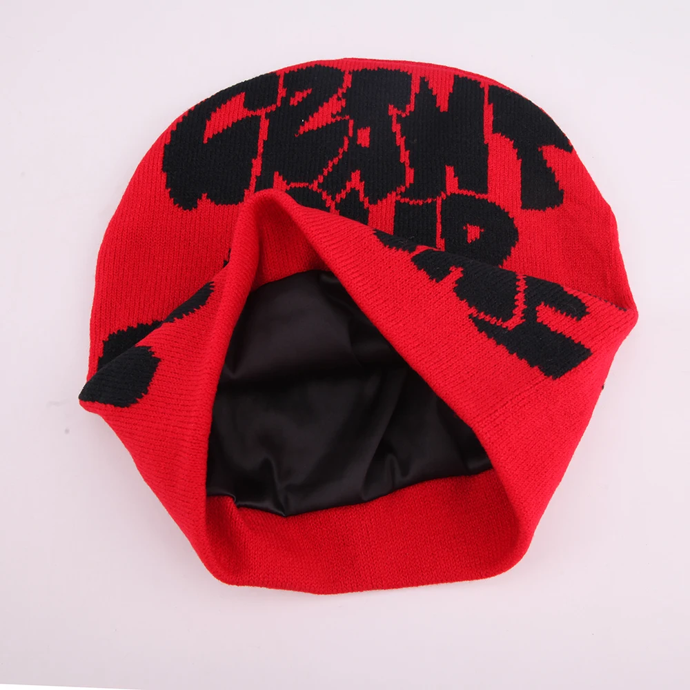 Custom logo satin knit beanie winter hat women custom beanie hat for men satin lined beanie