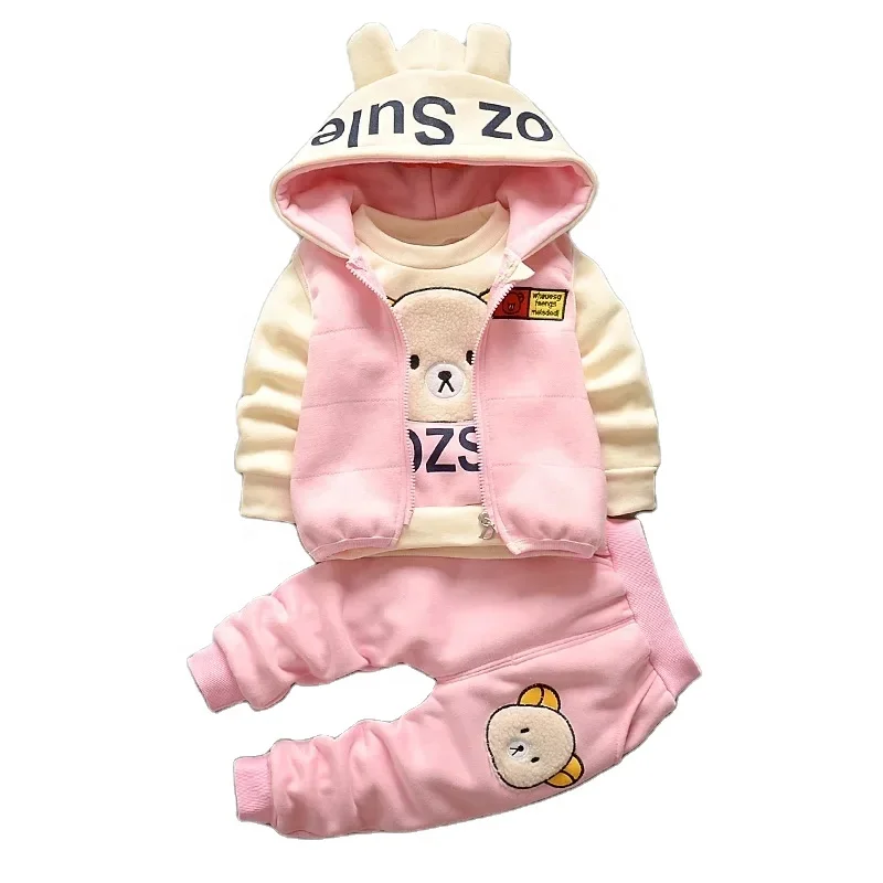 Autumn Fall Girls Boys Clothing Sets Casual Cute Cartoon Bear Printing Plush Kids Sets Three Pieces Set Children Clothes
