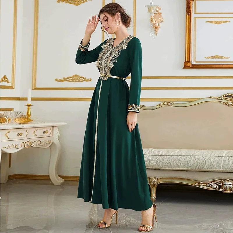 Hot selling 2023 chiffon Eid beaded belt fashion middle east chiffon abaya long muslim chiffon dress