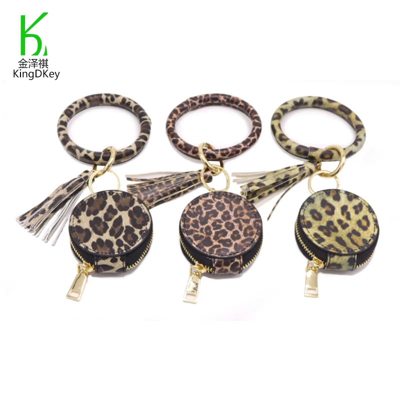 Creative Portable Cosmetic Bag Leopard Printed Keychain clasp Leather Mirror Makeup Case Keytag Leather Charm Bracelet Keyring