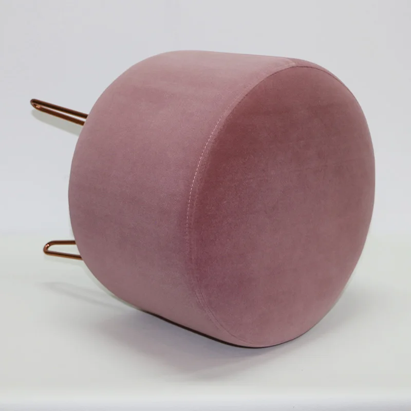 Reatai velvet round pink colour ottoman stool customized metal leg with buttons elegant stool with legs