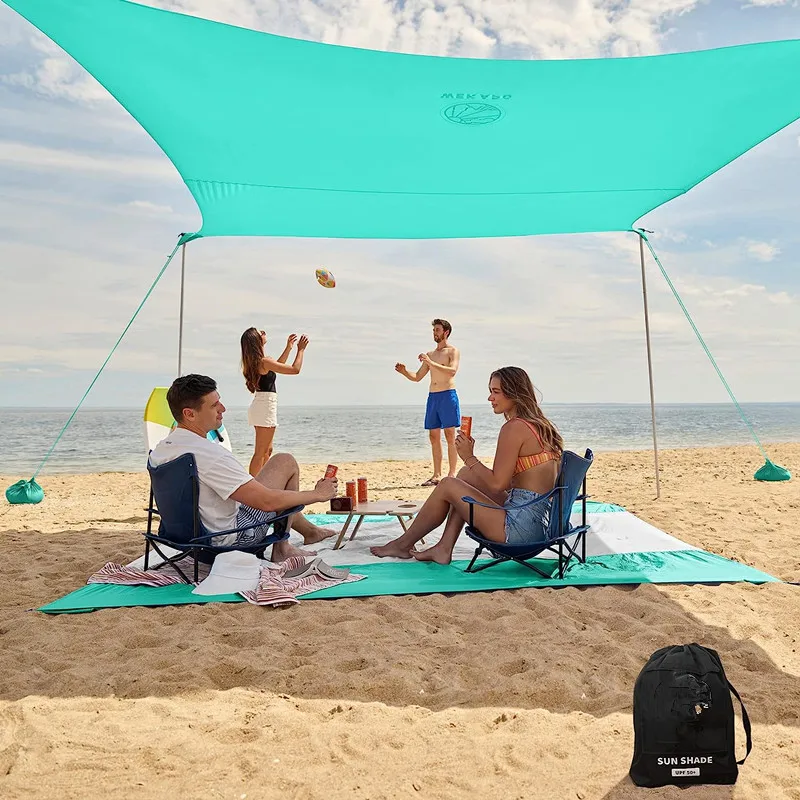 Beach Canopy with 4 Lengthened Poles, Large Sandbags and Shovel Beach Sun Shelter for Family Vacation and Camping