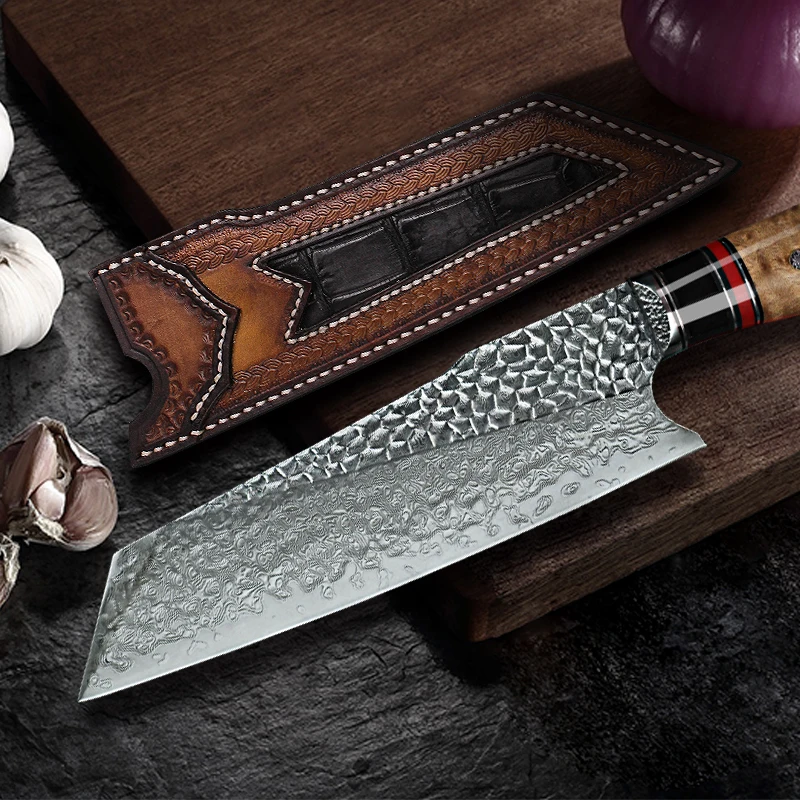 Hot Sell 8in Burl Stabilized Handle VG10 Damascus Stainless Steel Blade Leather Sheath Japanese Kitchen Santoku Knife