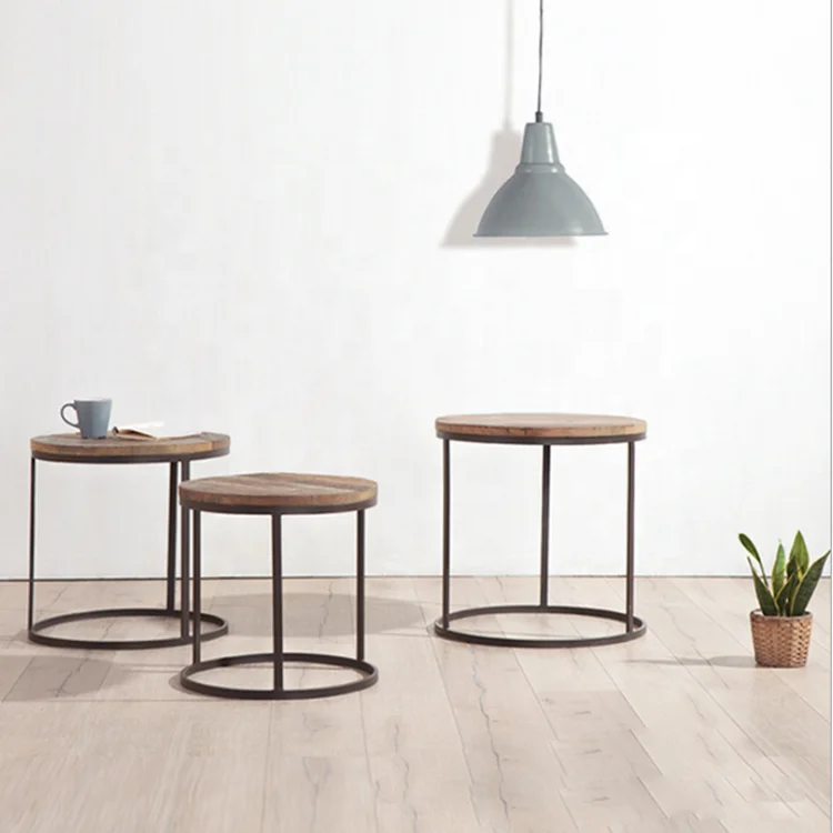 Metal frame solid wood top industrial corner round vintage table round end table for living room home furniture