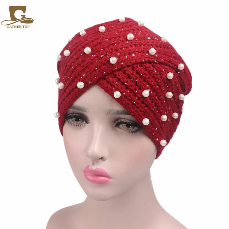 Fashion Women Pearled Beanie knitted Turban Cross Style Bohemian knitted Beanie India Style Knitting  Beanie CapTJM-85A