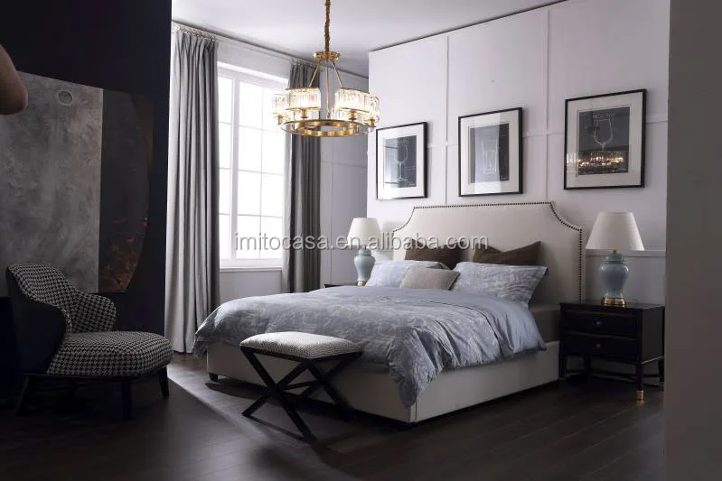 
American Modern Green Leather Upholstered King & Queen Size Bed Vintage Home Furniture Bedroom Set Solid Wood Quality Bed 