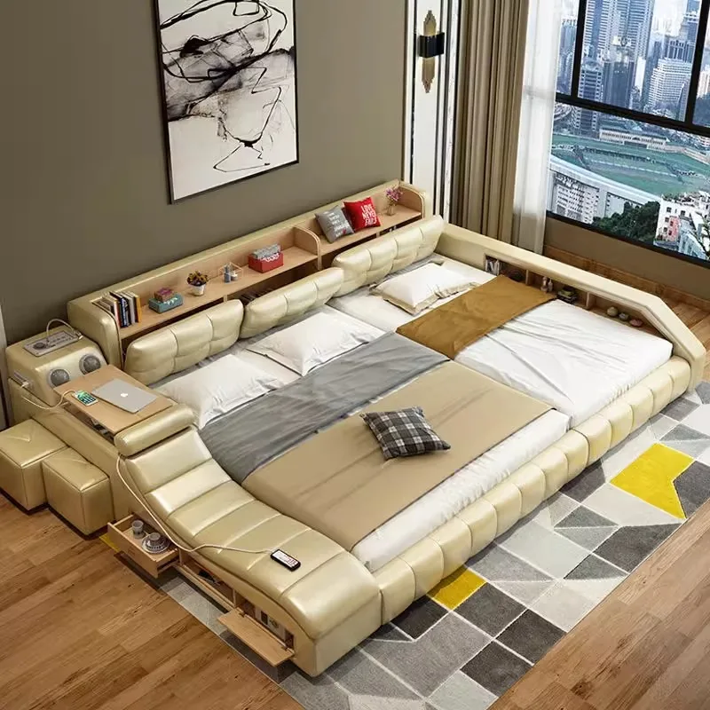 Modern Brown Bedroom Furniture Leather Bed With Speaker Usb Charger Massage Sofa Bed Sets