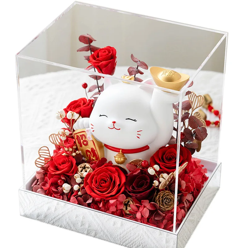 2024 High Quality Lucky Cute Ceramic Cat Eternal Flower Ornament Forever Preserved Flowers Gift Box