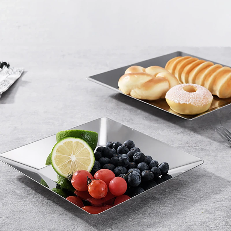 High Quality Stainless Steel Multi-functional Square Plate Dishes Various Sizes for Dinner Wedding Kitchen Storage Tray