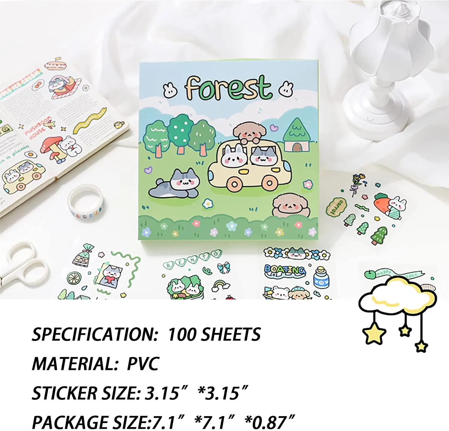 Cute Cartoon Animals Picnic Scrapbook Stickers 100 Sheets DIY Decoration PVC Paper Cute Cartoon Rabbits Dog Forest Theme Sticker