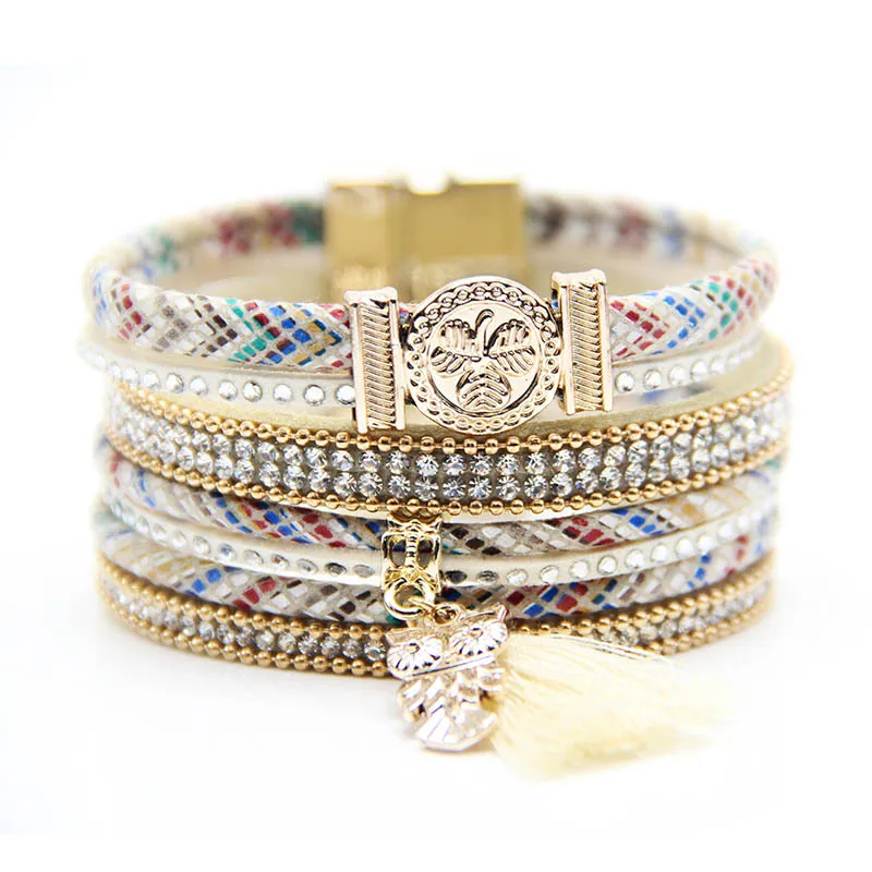Boho Style Jewelry Owl Charm Multi-layers Leather Women Bracelet with Magnetic Clasp Cuff PU Bracelets