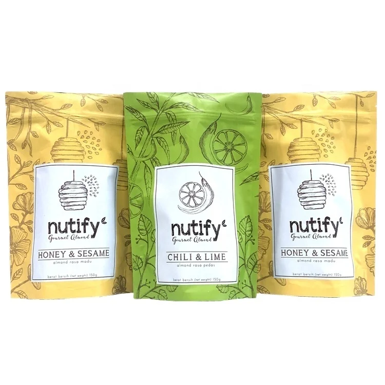 Custom Design Printed Top zip 150g Honey & sesame Almond rasa madu stand up plastic bag for nuts