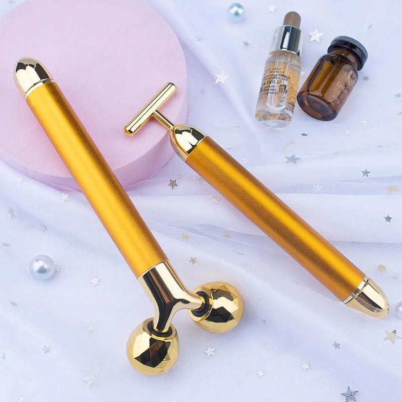 Portable 24k gold 3d face roller massager beauty bar vibration facial massage roller for face lifting
